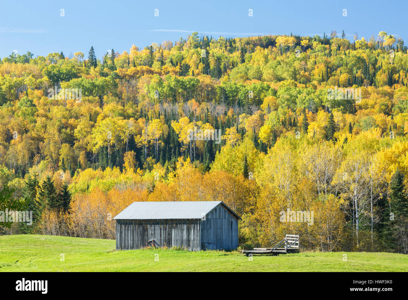 Farm field and hillside in autumn, Thunder Bay, Ontario, Canada Stock Photo