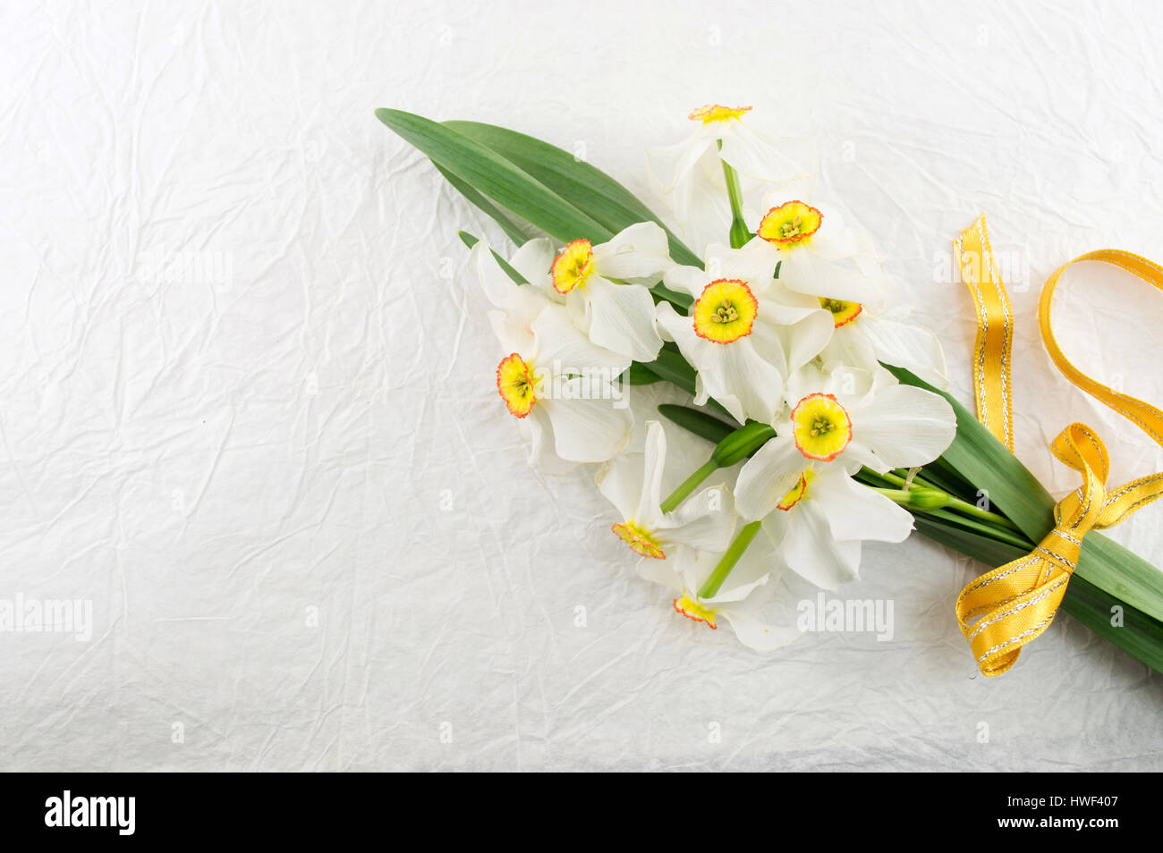 Narcissus flowers bouquet on white silk background Stock Photo - Alamy