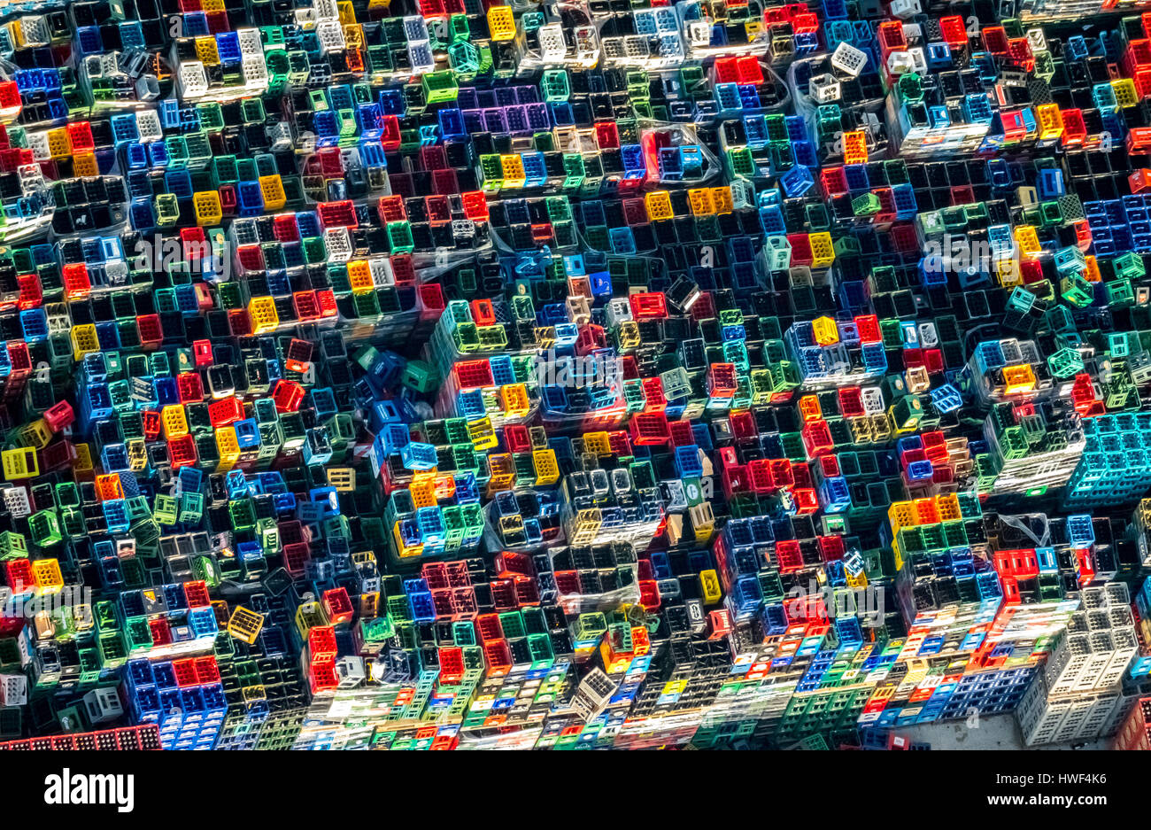 Colorful drink crates, empties, beer boxes like LEGO bricks, drinking hamm, drinks logistics, Hamm, Ruhr area, North Rhine-Westphalia, Germany ,bunte  Stock Photo