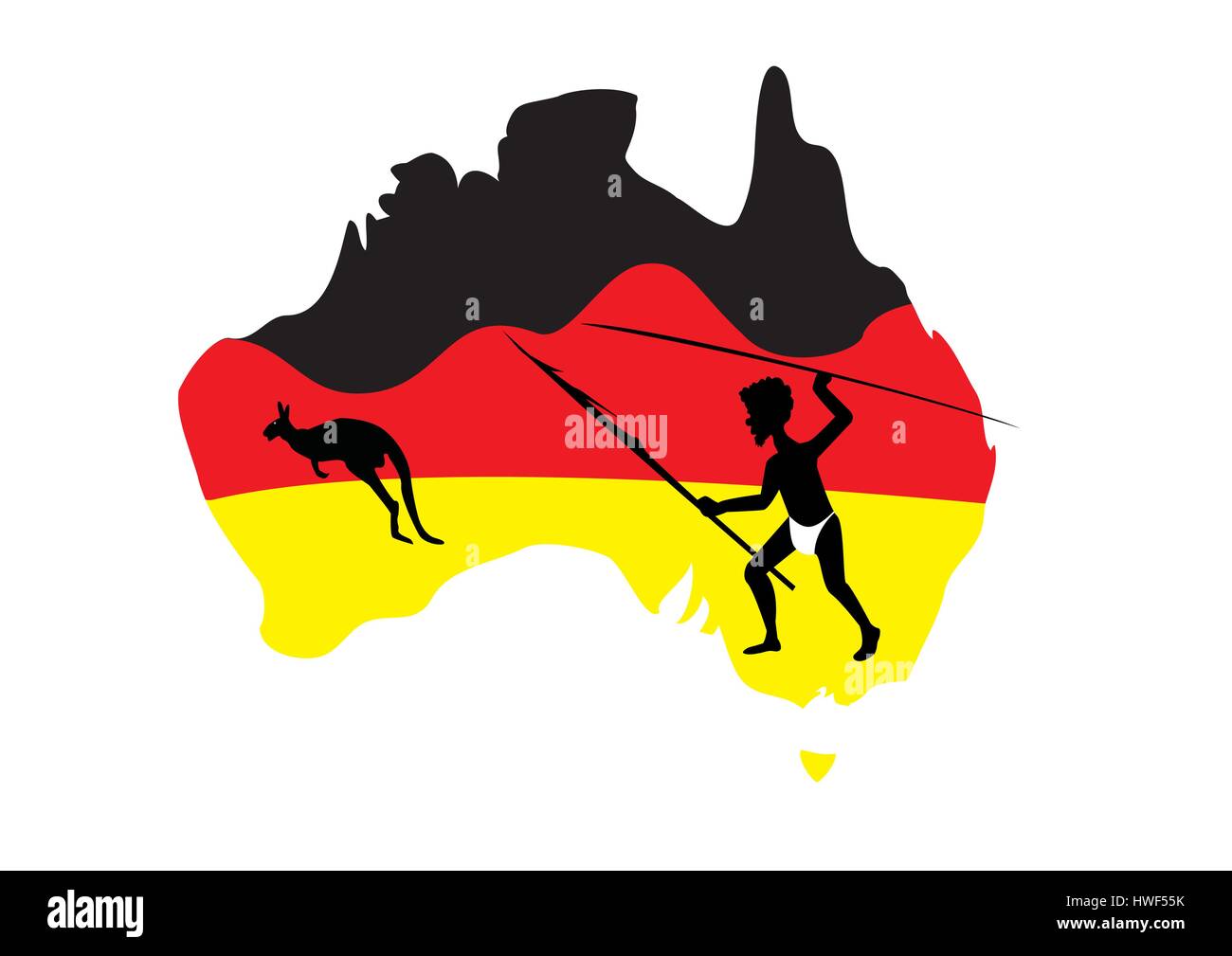 map of Australia in black red and yellow with a aboriginal man with a spear Stock Vector
