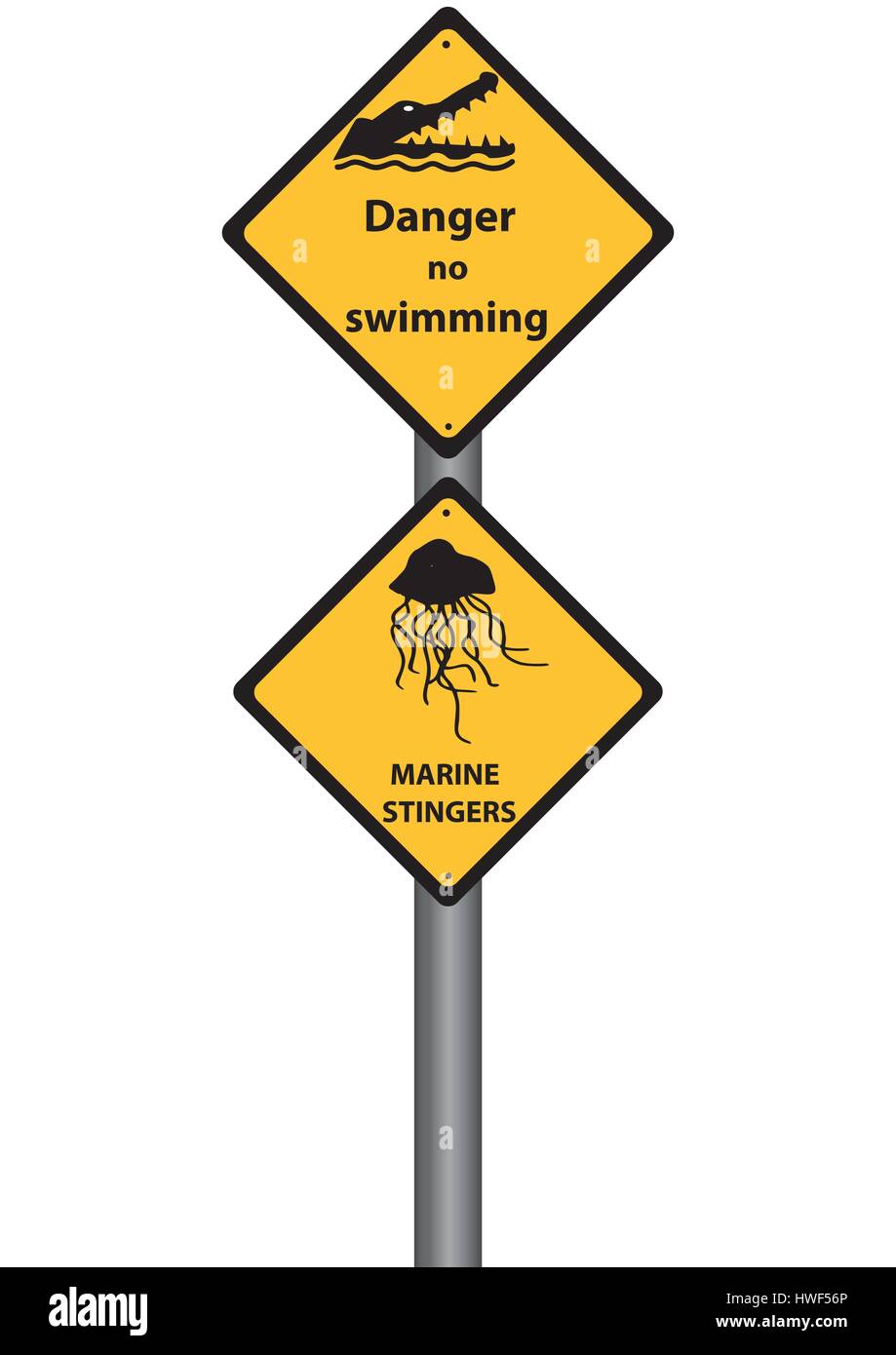 signs on no swimming due to marine stingers and crocodiles Stock Vector