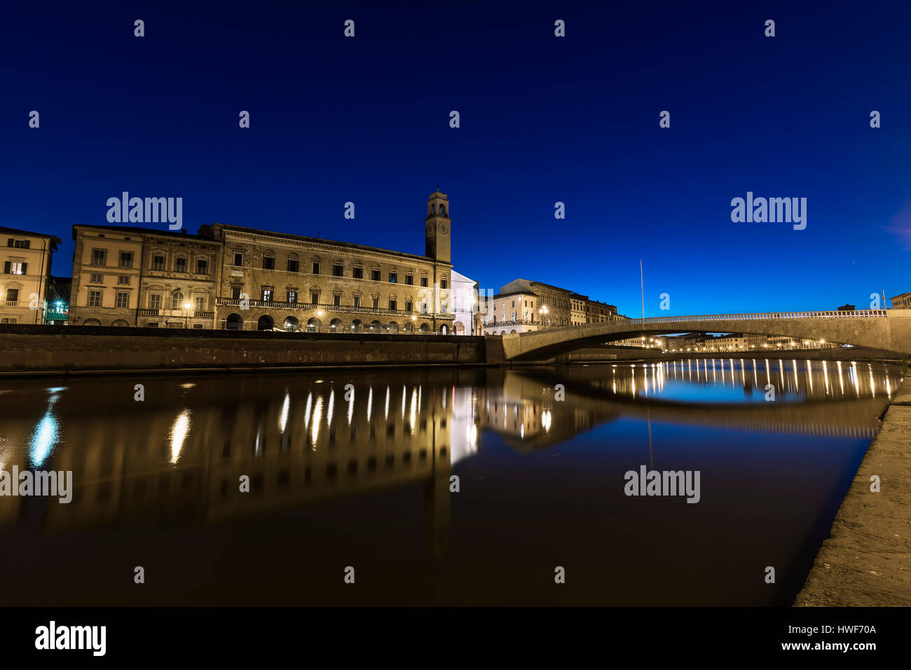 Pisa, Arno river, Ponte di Mezzo bridge. Lungarno night view. Tuscany, Italy, Europe. Stock Photo