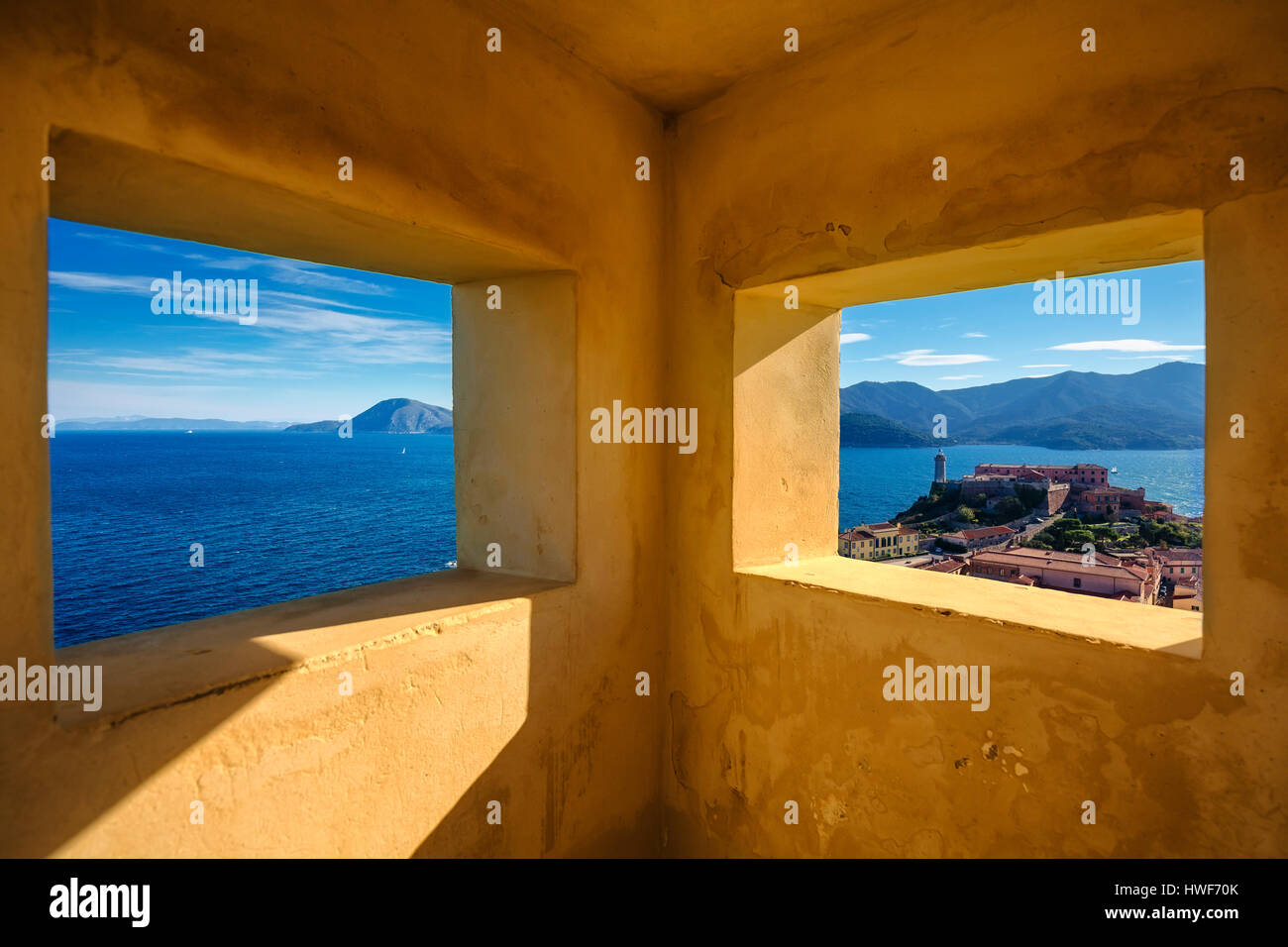 Elba island, Portoferraio aerial view from old windows, Lighthouse and fort. Tuscany, Italy, Europe. Stock Photo