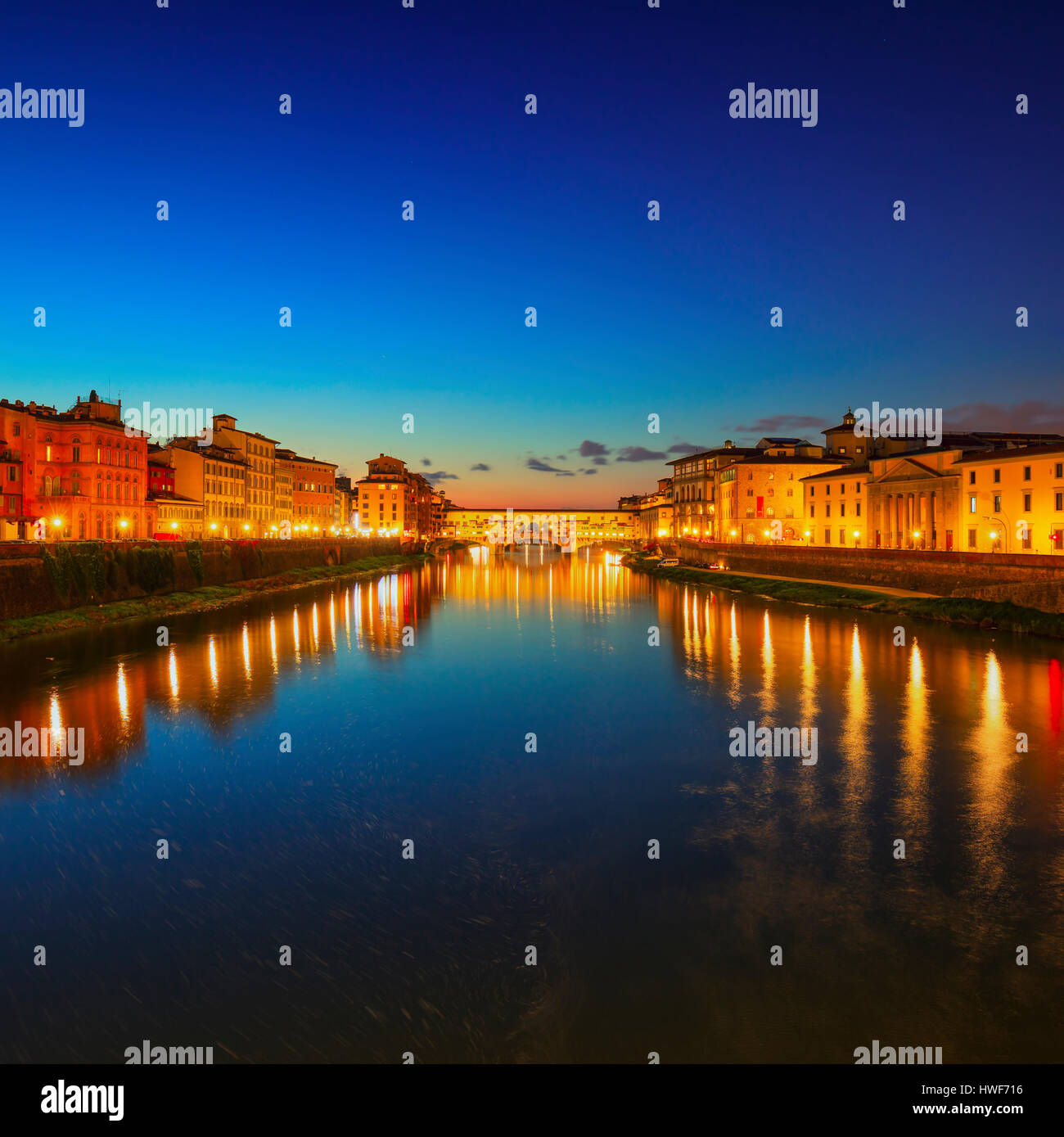 Ponte Vecchio on sunset, old bridge, medieval landmark on Arno river. Florence, Tuscany, Italy. Stock Photo