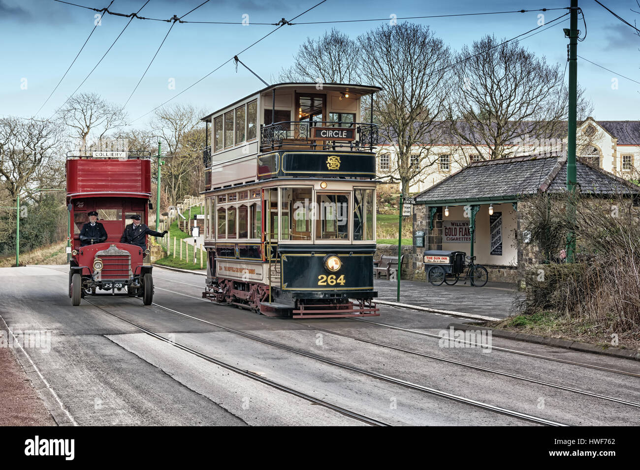 Tram and bus at Beamish open air museum. UK Stock Photo