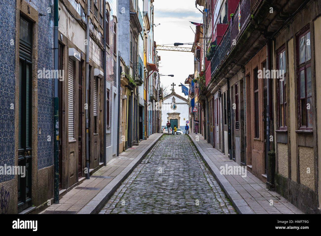 Narrow street Rua do Pinheiro (Pine tree Street) in Porto city on ...