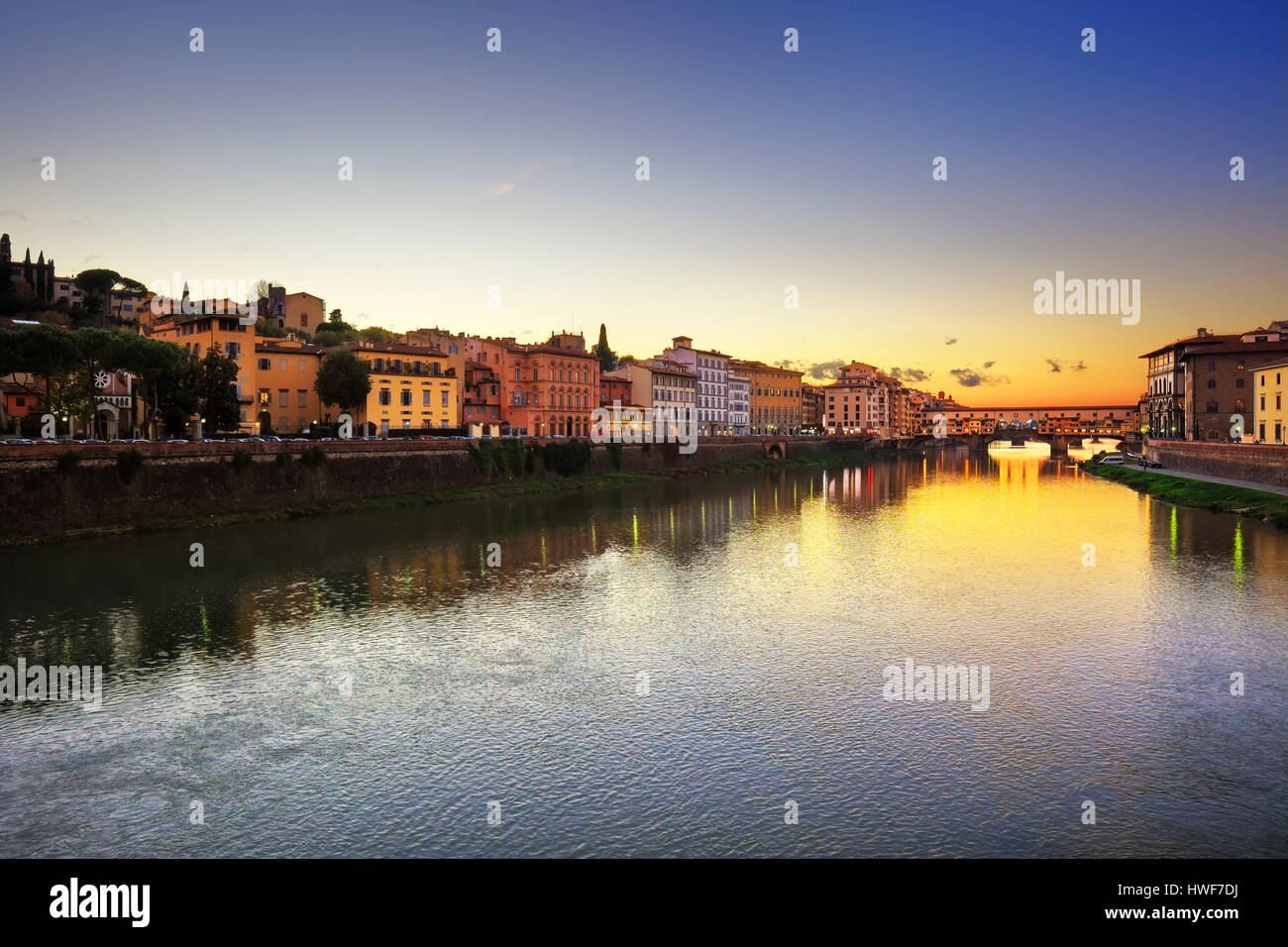 Ponte Vecchio on sunset, old bridge, medieval landmark on Arno river. Florence, Tuscany, Italy. Stock Photo