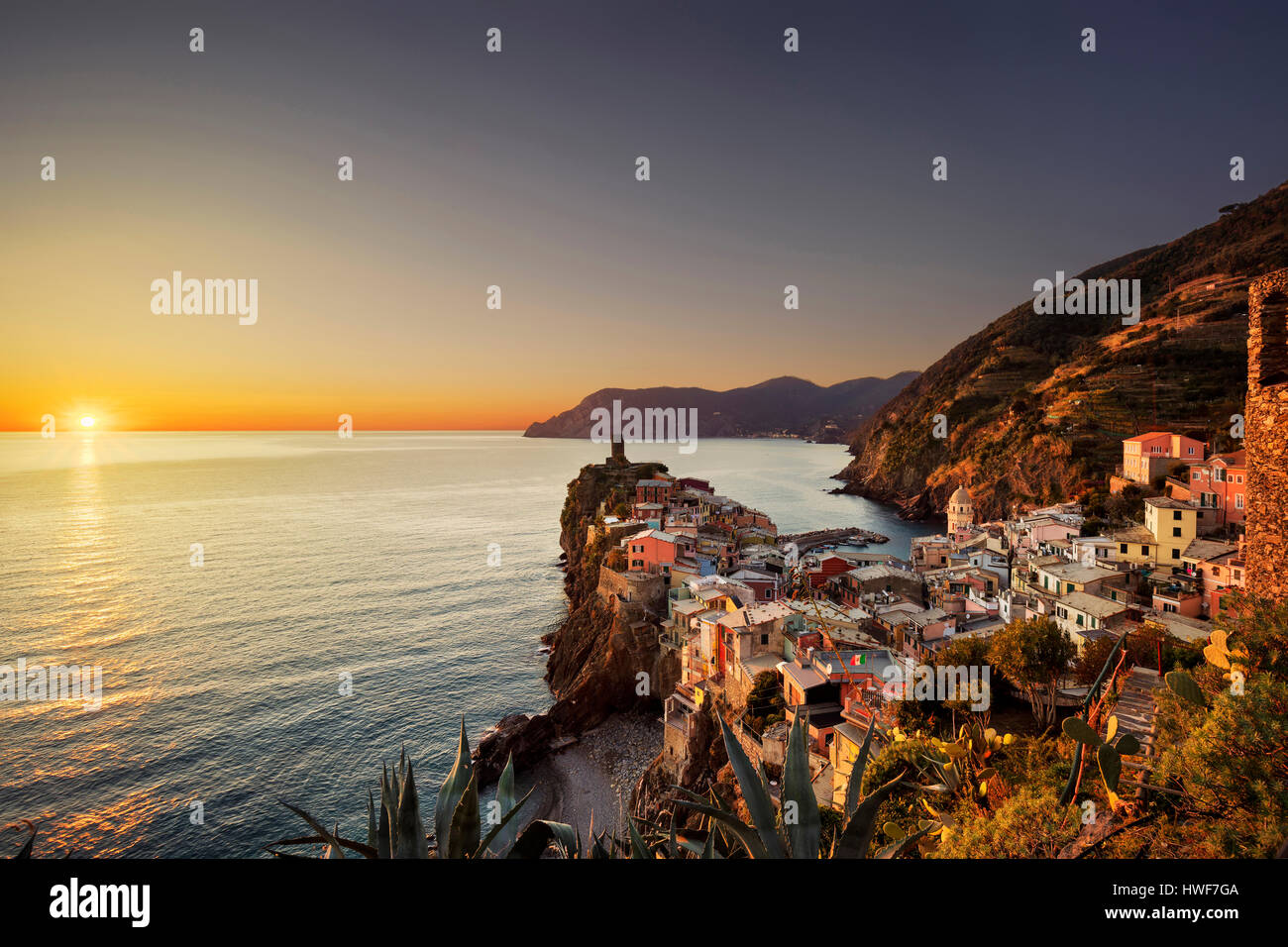 Vernazza village, aerial view on red sunset, Seascape in Five lands, Cinque Terre National Park, Liguria Italy Europe. Stock Photo