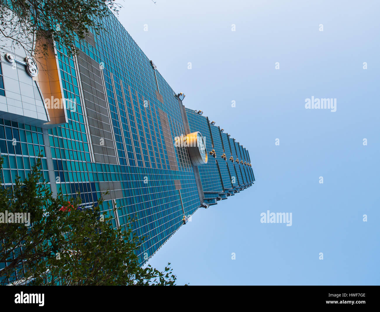 Taipei, Taiwan - October 02, 2016: Taipei 101. View from the base of the tower, looking up Stock Photo