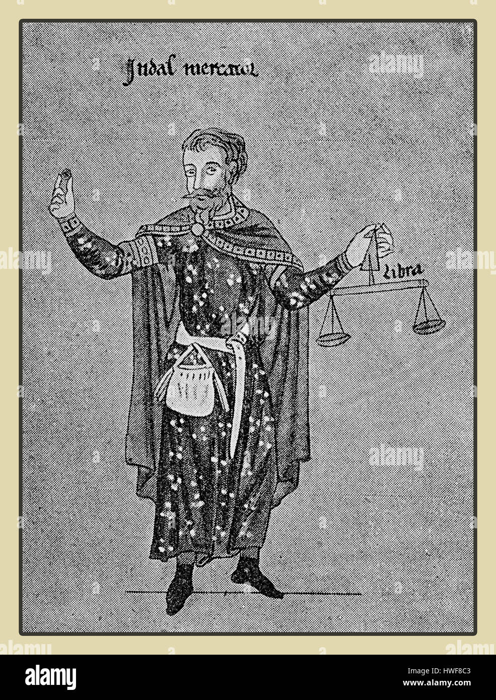 Jewish merchant with his peculiar dress and trade objects, from a painting of XII century Stock Photo