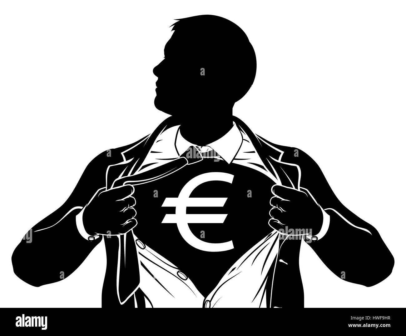 A superhero business man tearing his shirt showing the chest of his costume underneath with a euro sign Stock Photo