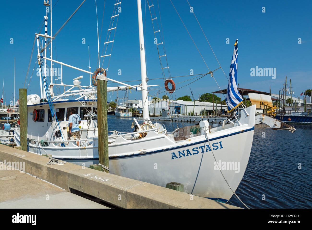 Florida, Tarpon Springs, sponge diving boat, owner/captain on deck Stock Photo