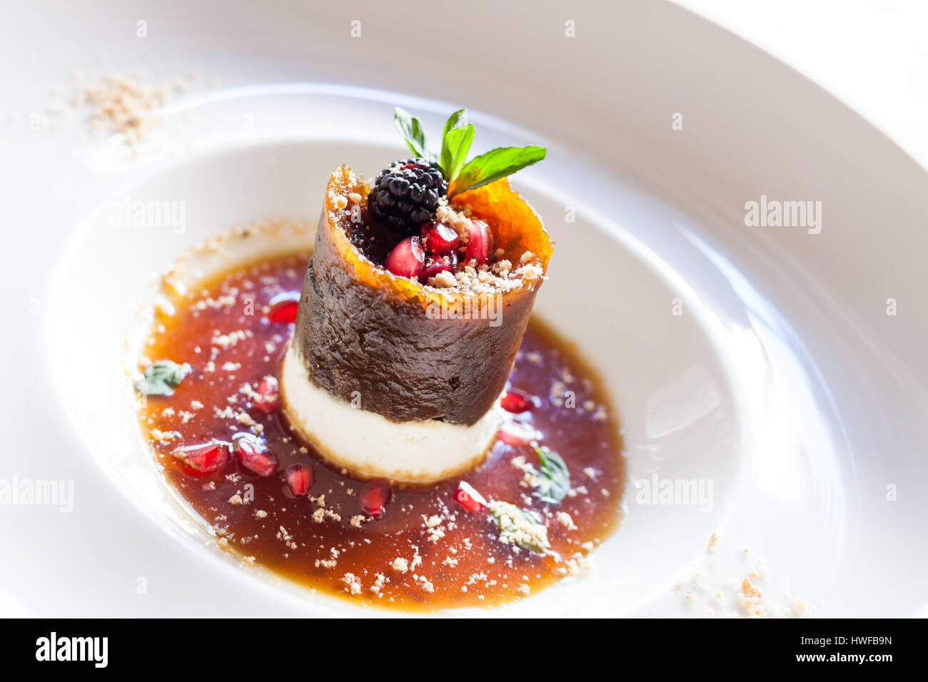 Pumpkin dessert by Chef Marco Valdivia in Tepic, Nayarit, Mexico. Stock Photo