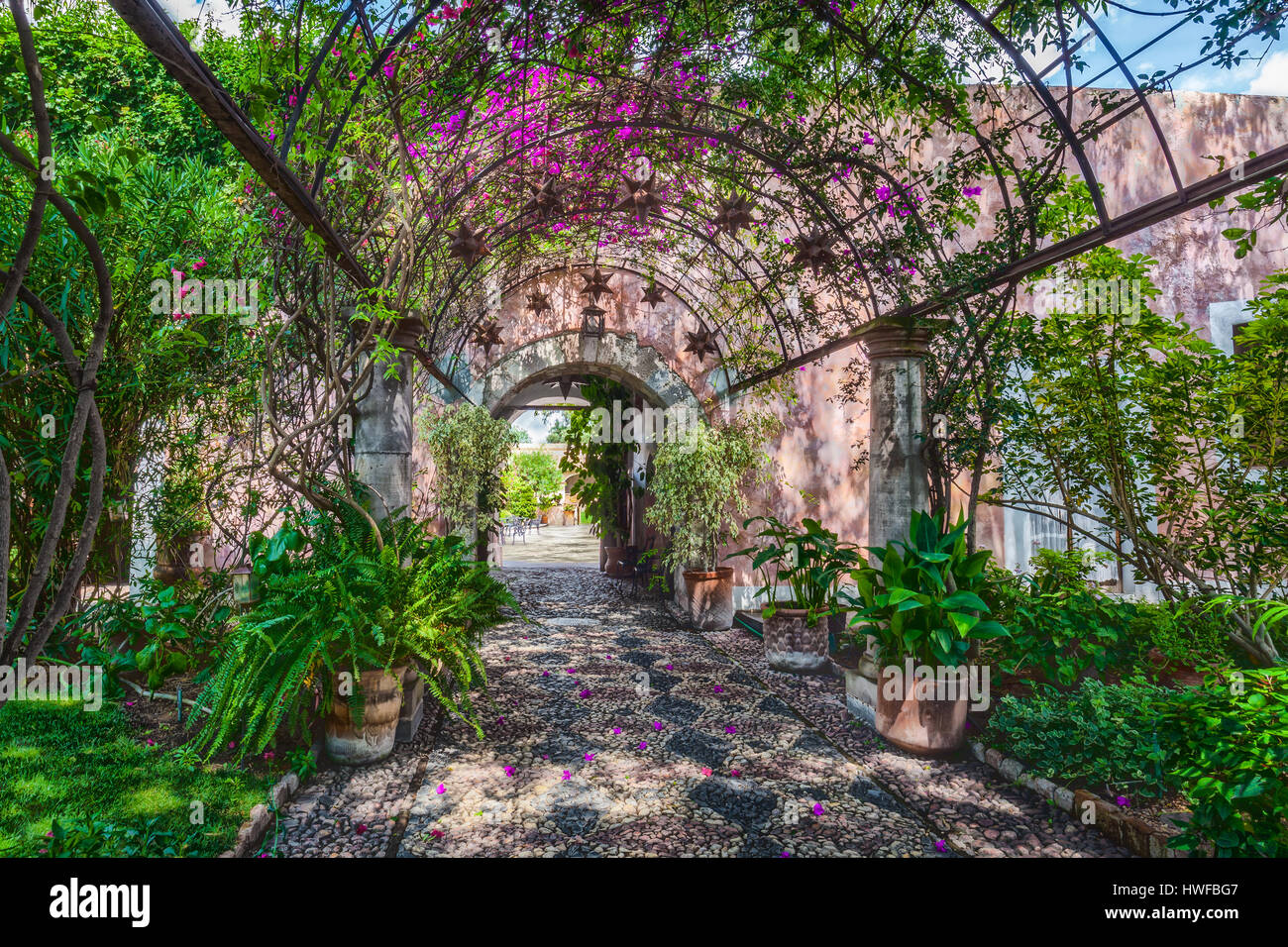 Walkway between patios at Las Trancas Hacienda near Dolores Hidalgo, Guanajuato, Mexico. Stock Photo