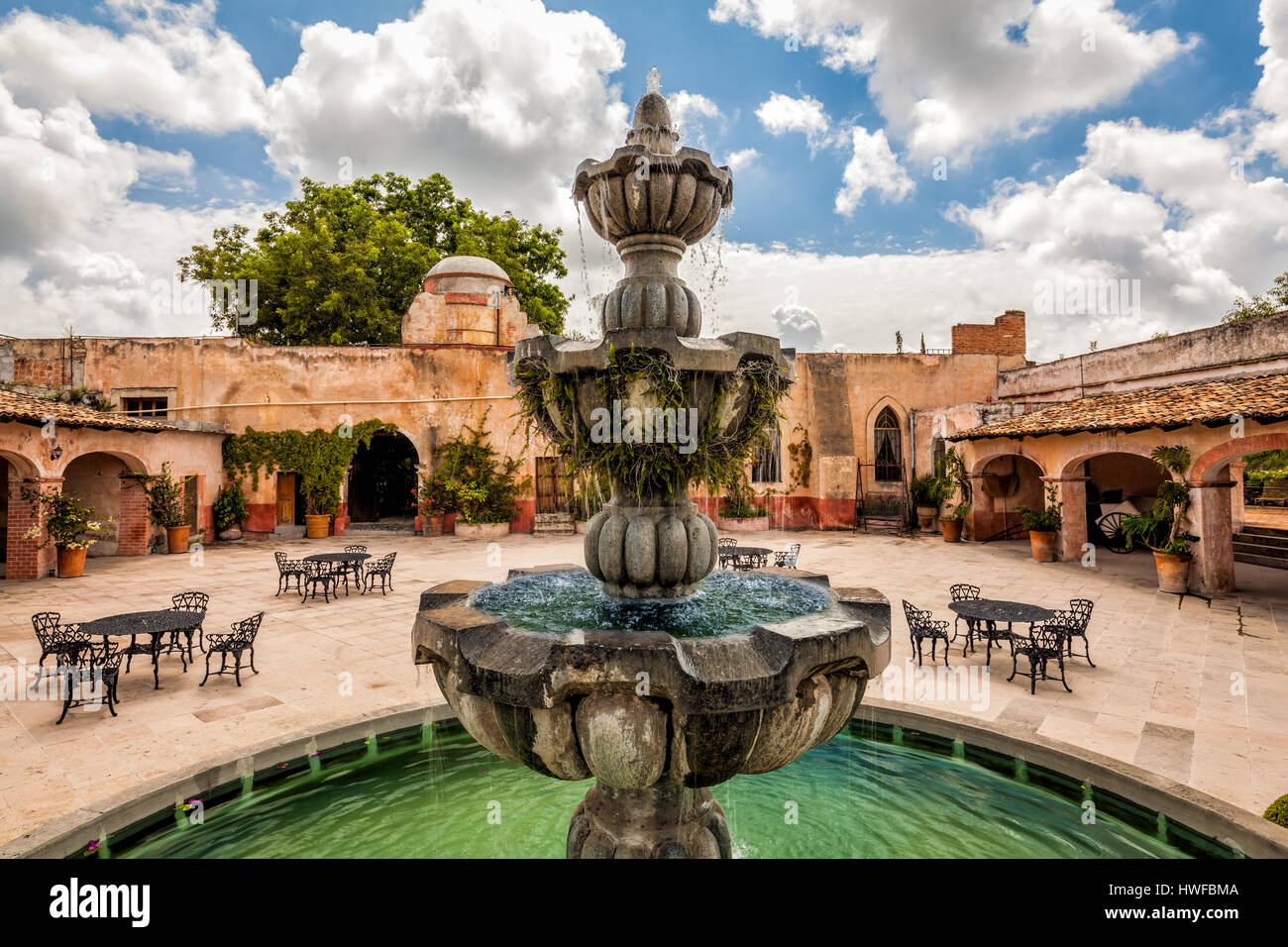 Fountain and courtyard at Las Trancas hacienda in Guanajuato, Mexico. Stock Photo