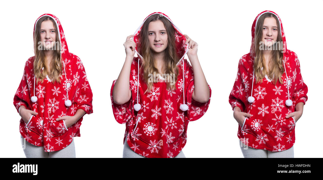 Lovely cheerful teenage girl posing in the studio. Wearing red winter hoodie with snowflakes. Isolated on white background. Winter clothes. Composite  Stock Photo