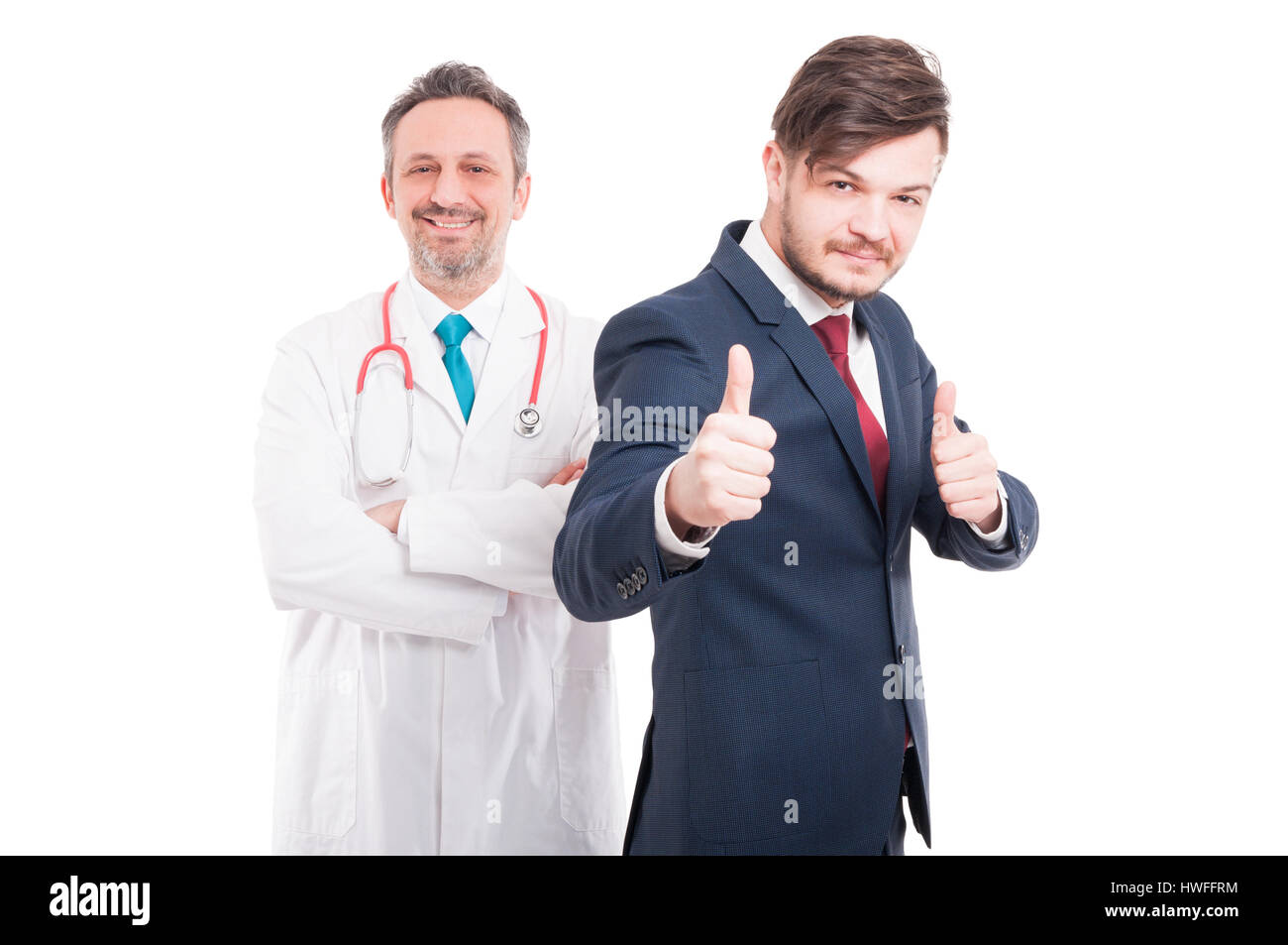 Satisfied happy male lawyer with medicine doctor showing thumb up as great partnership concept