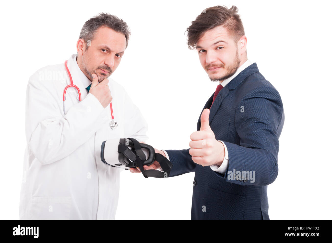 Friendly entrepreneur showing thumb up and presenting benefits of vr