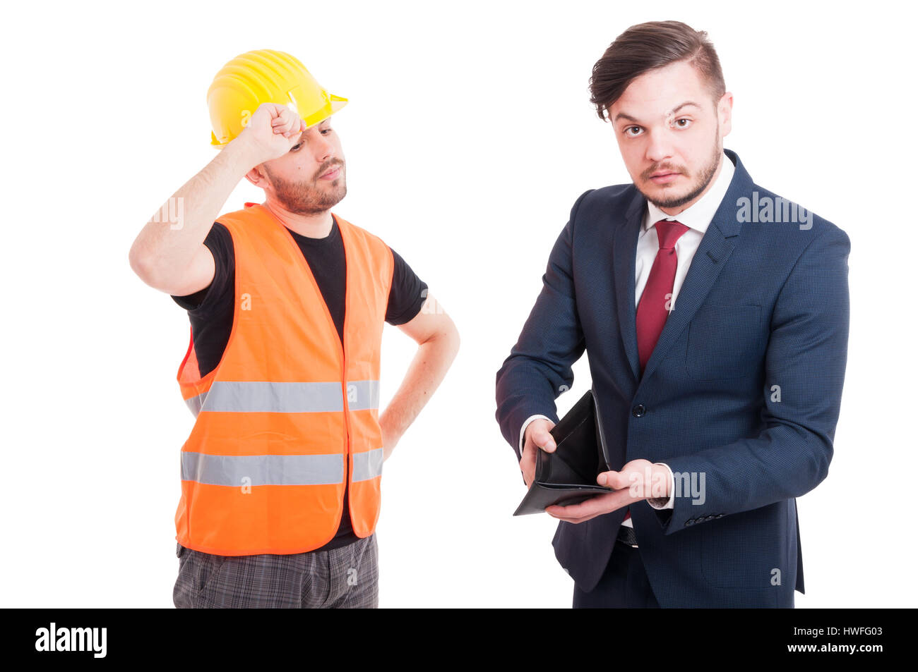 Financial problems concept with young builder and businessman with empty wallet isolated on white Stock Photo