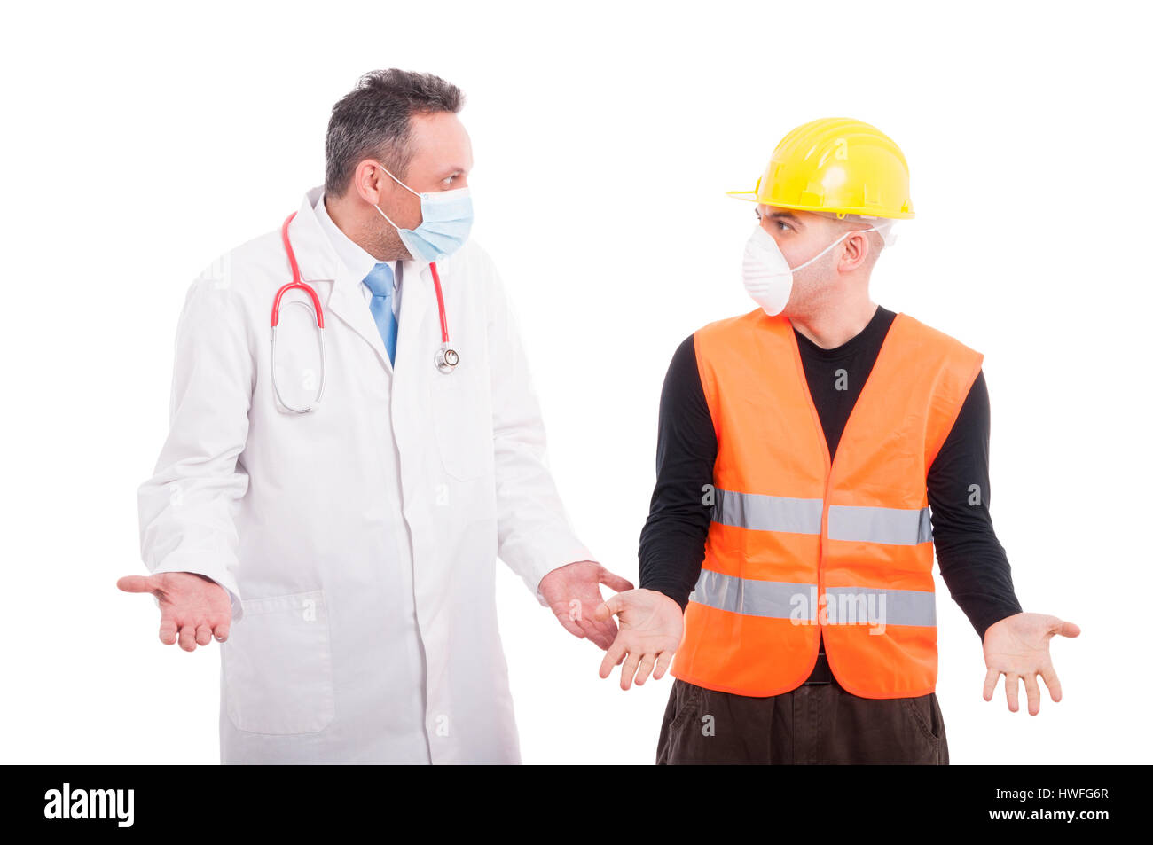 Doctor and constructor standing making questioning gesture concept isolated on white background Stock Photo