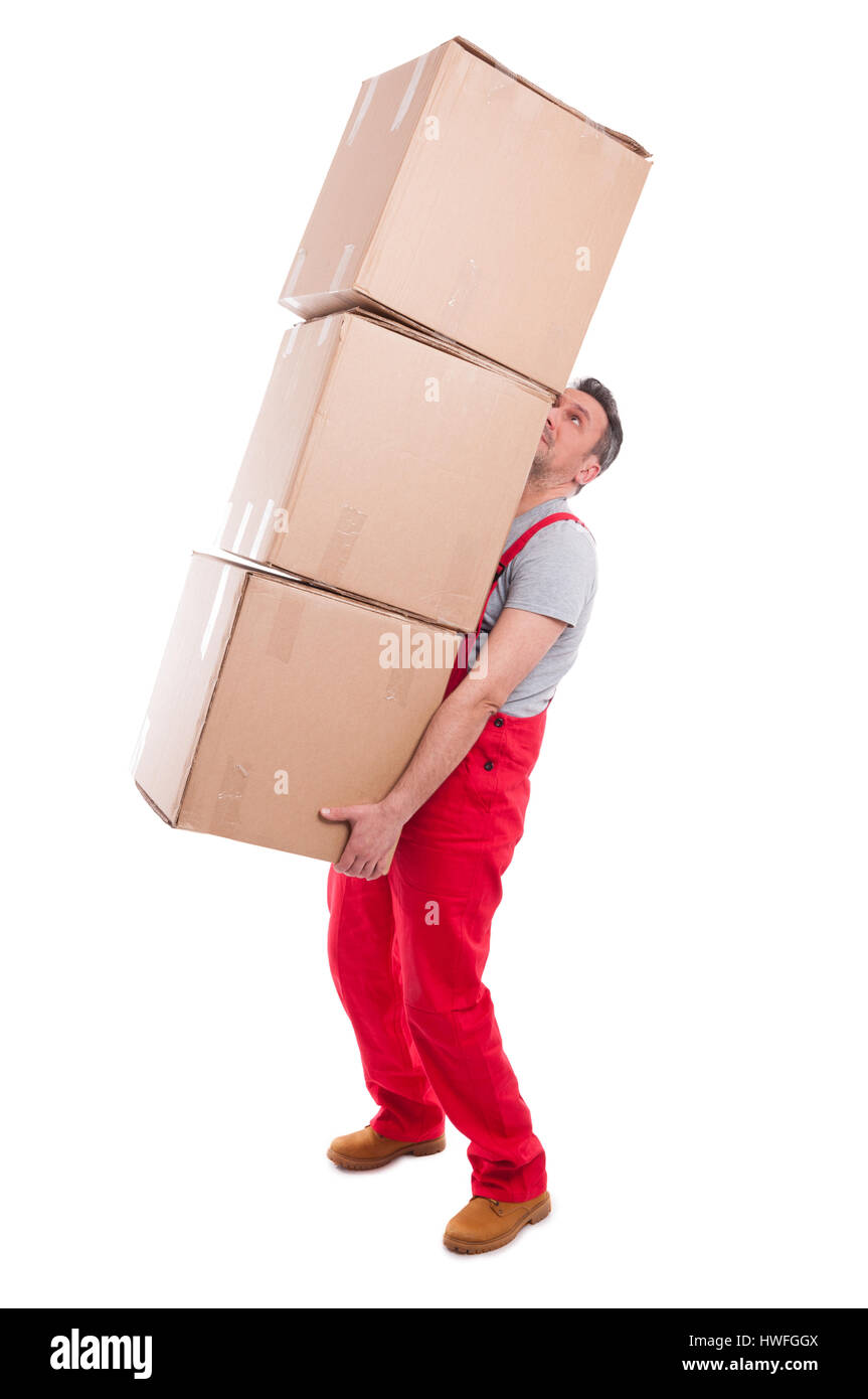 Mover man lifting bunch of heavy cardboard boxes isolated on white background Stock Photo