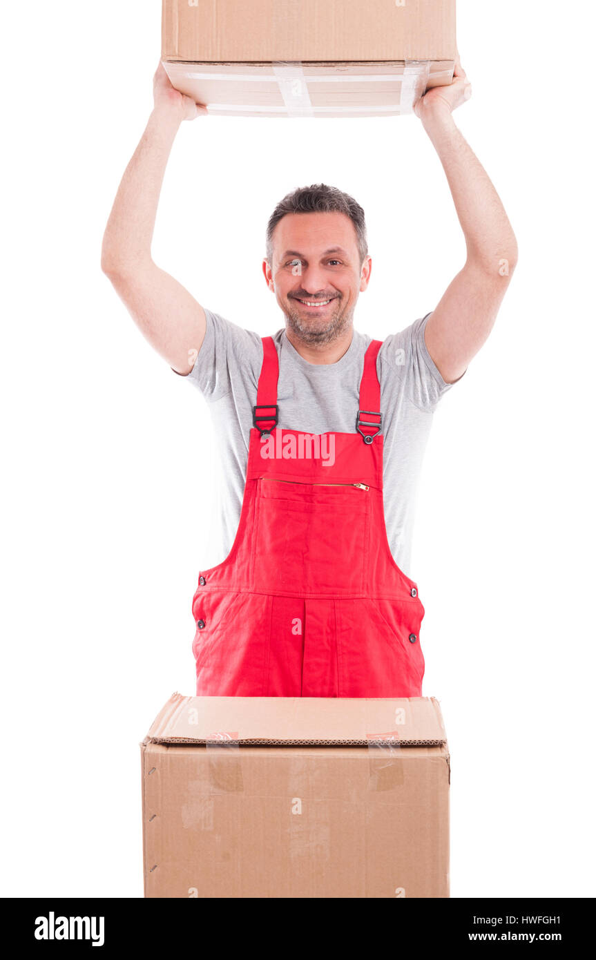 Guy lifting or holding up cardboard box and smiling isolated on white background Stock Photo