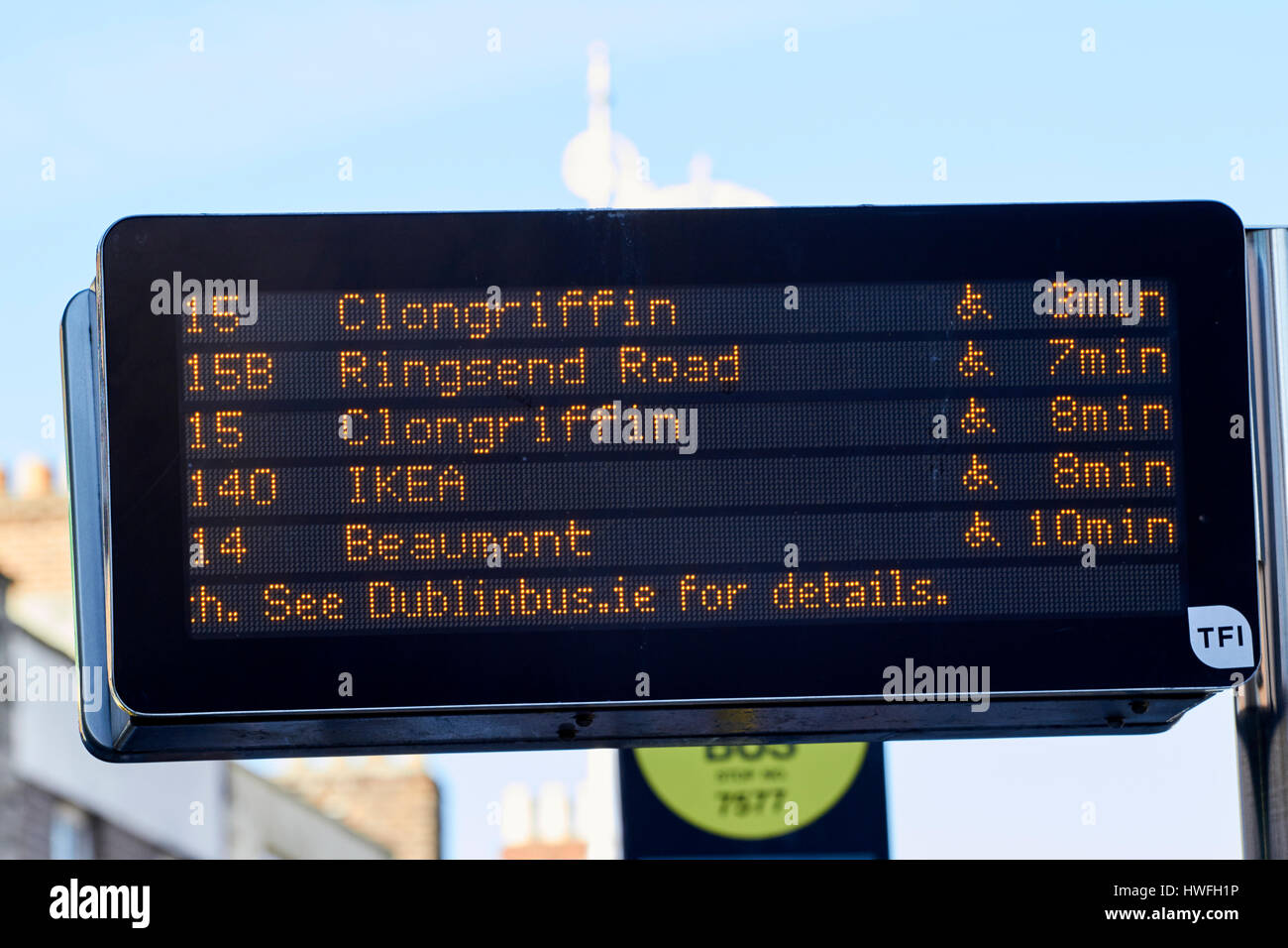 electronic sign with bus information and times at city centre bus stop Dublin Republic of Ireland Stock Photo
