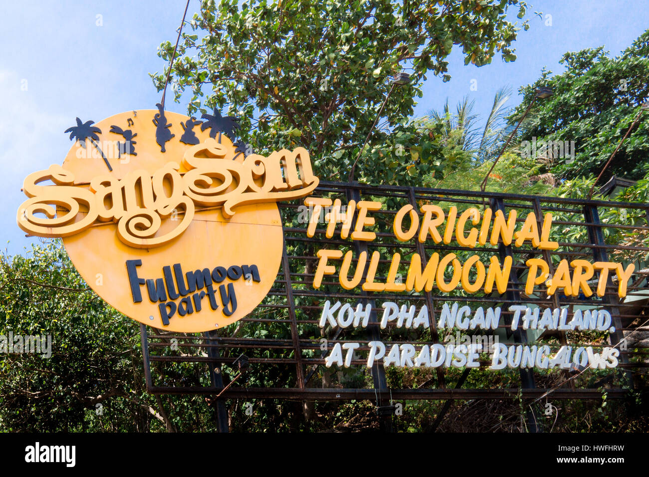 Fullmoon party sign on the beach, Haad Rin, Koh Pangan, May 04, Thailand Stock Photo