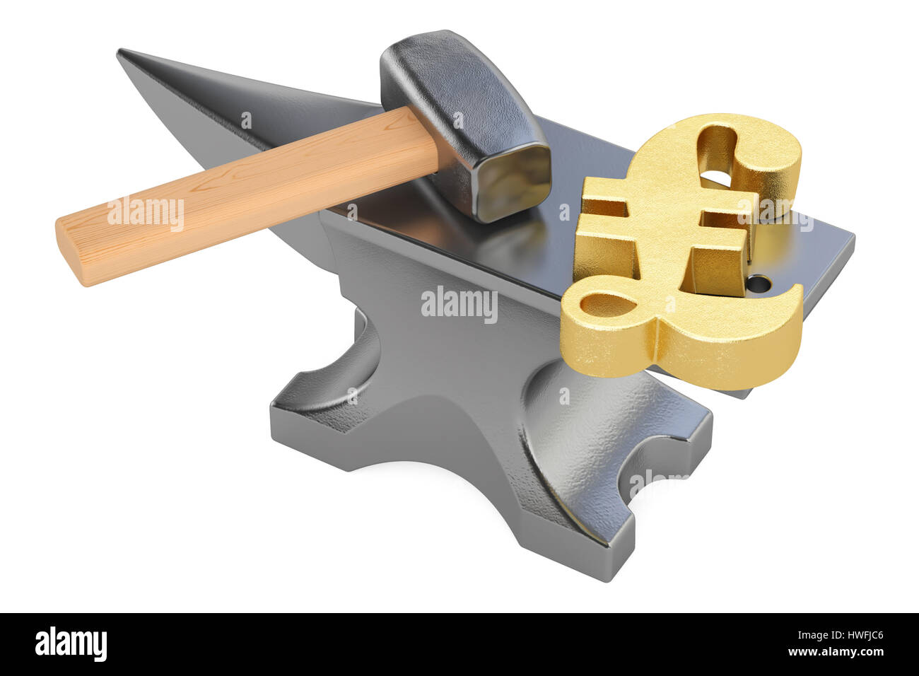 anvil with gold pound sterling symbol, 3D rendering isolated on white background Stock Photo