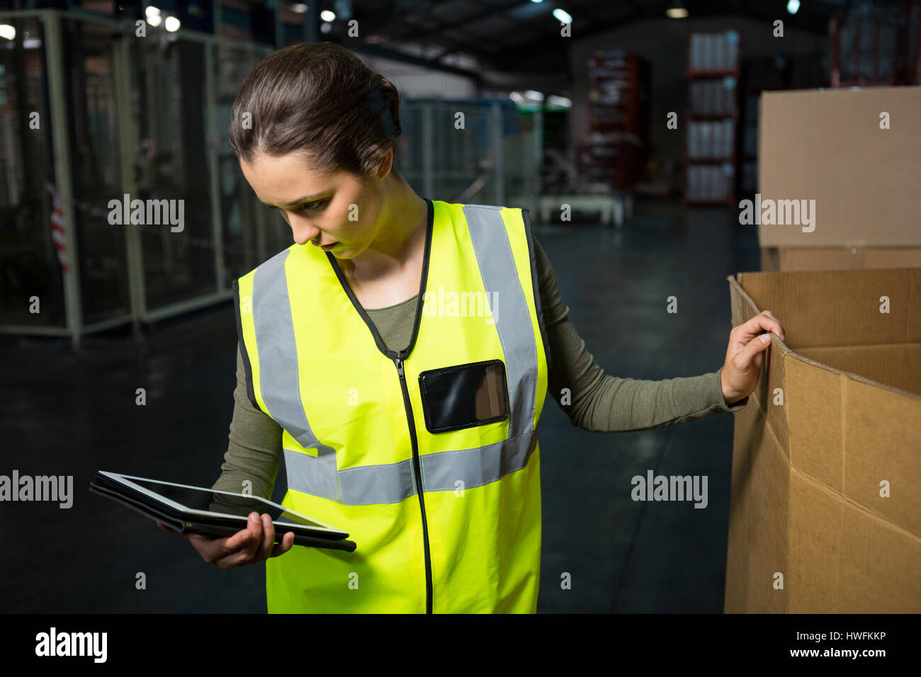 Serious female worker using tablet pc in warehouse Stock Photo