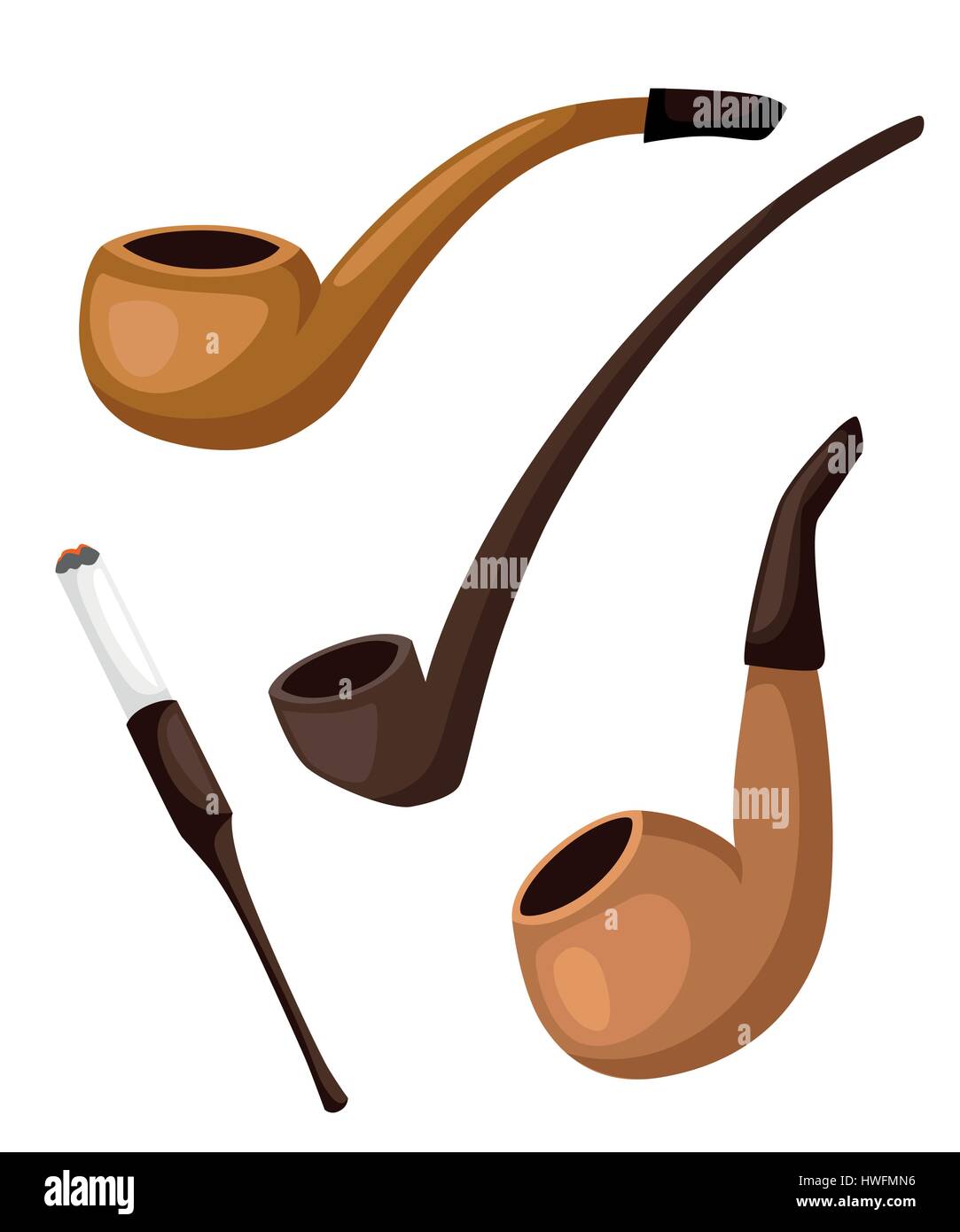 Smoke tobacco, smoking pipe, hookah. Isolated flat set of addiction, bad habits. tube cigar set Flat design style vector illustration Stock Vector