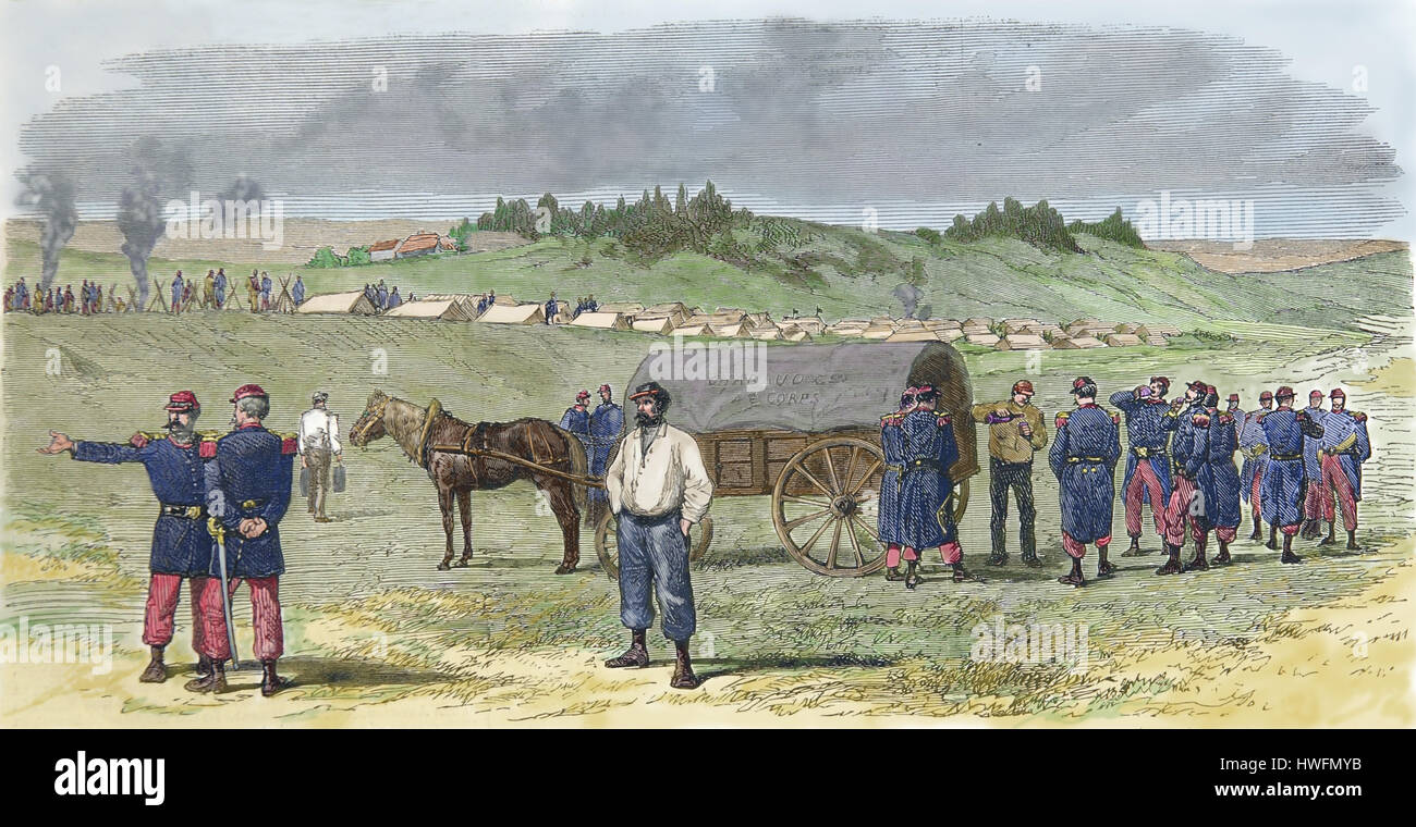 Franco-Prussian War. French camp at Gravelotte, near Metz, St. Privat Battle. 1870, 19th C. colored Engraving Stock Photo