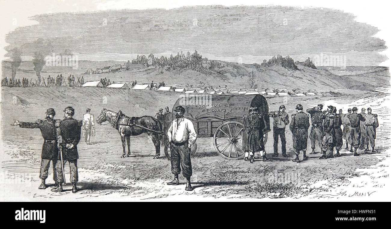 Franco-Prussian War. French camp at Gravelotte, near Metz, St. Privat Battle. 1870, 19th C. Engraving Stock Photo