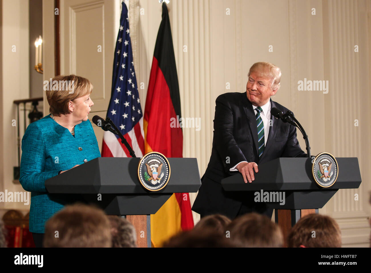 German Chancellor Angela Merkel visits Washington, D.C. on Friday, March 17, 2017 and meets with U.S. President Donald Trump at the White House. The two world leaders held a joint press conference in the White House's East Room. Stock Photo