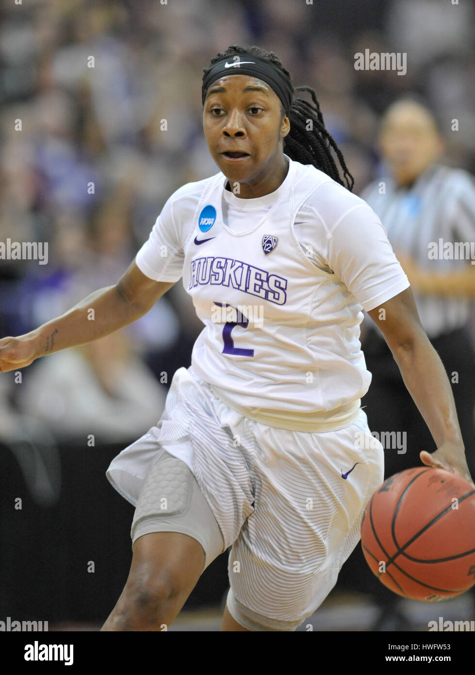Seattle, WA, USA. 20th Mar, 2017. UW freshman point guard Aarion McDonald (2) in action during a NCAA second round women's game between the Oklahoma Sooners and the Washington Huskies. The game was played at Hec Ed Pavilion on the University of Washington campus in Seattle, WA. Jeff Halstead/CSM/Alamy Live News Stock Photo