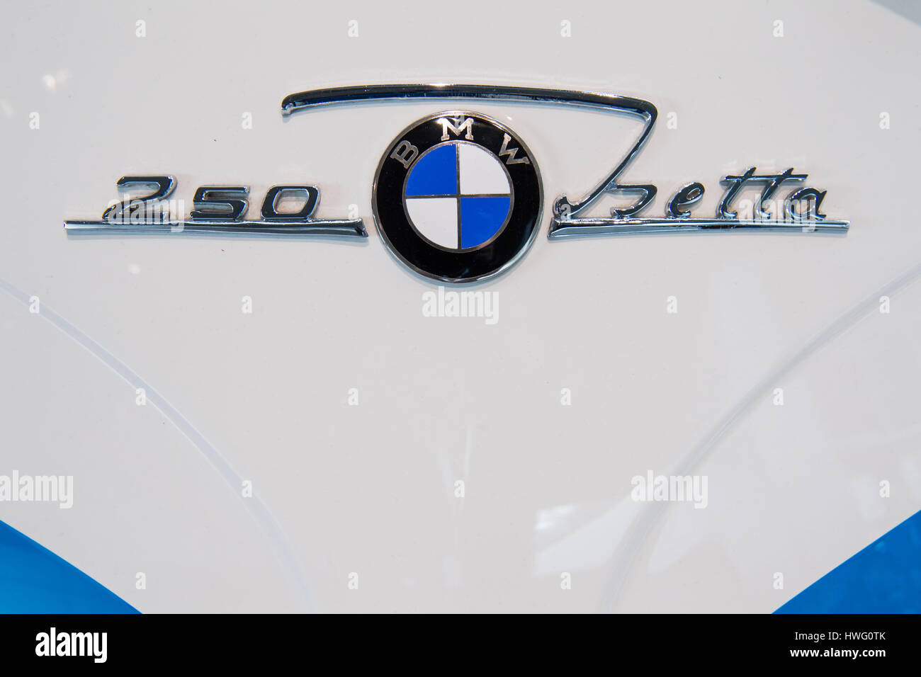 Munich, Germany. 21st Mar, 2017. The BMW logo on the bonnet of an Isetta, photoghraphed duirng the BMW financial statement press conference in Munich, Germany, 21 March 2017. Photo: Peter Kneffel/dpa/Alamy Live News Stock Photo