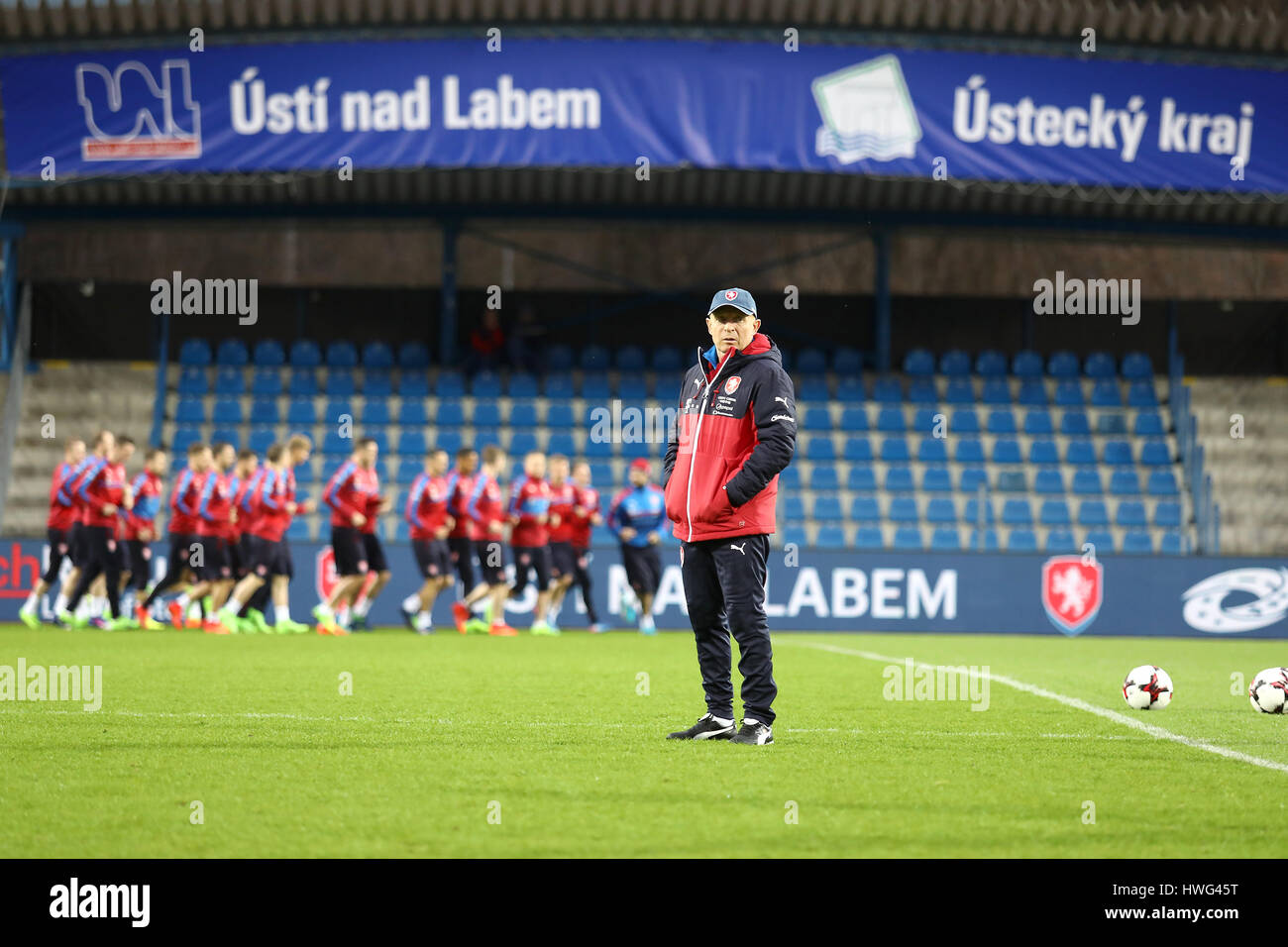 Usti Nad Labem, Czech Republic. 21st Mar, 2017. Czech national football team coach Karel Jarolim in action during the training session in Usti nad Labem, Czech Republic, March 21, 2017 prior to the friendly with Lithuania on Wednesday and qualifier for the World Championship between Czech Republic and San Marino on Sunday, March 26, 2017. CTK Photo/Ondrej Hajek) Stock Photo