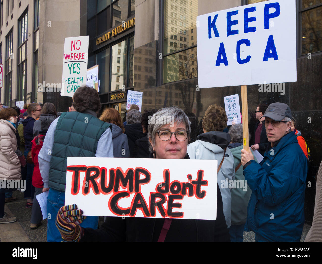 Pittsburgh, USA. 21st Mar, 2017. Protestors gather in peaceful protest on a weekly basis outside United States Senator Pat Toomey's offices throughout the state of Pennsylvania in order to attempt make their voices heard to the Senator on current topics. The protest in Pittsburgh, Pennsylvania on March 21, 2017 focused on 'Protecting Health Care for our Kids'. Credit: Amy Cicconi/Alamy Live News Stock Photo