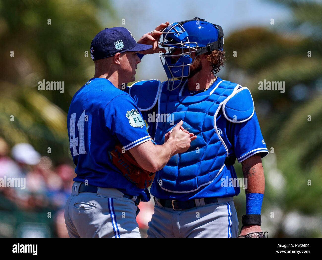 Ed Smith Stadium 21st Mar 17 Florida Usa Toronto Blue Jays Starting Pitcher ron Sanchez 41 And Toronto Blue Jays Catcher Jarrod Saltalamacchia 36 Discuss The Pitches In The 3rd Inning In A