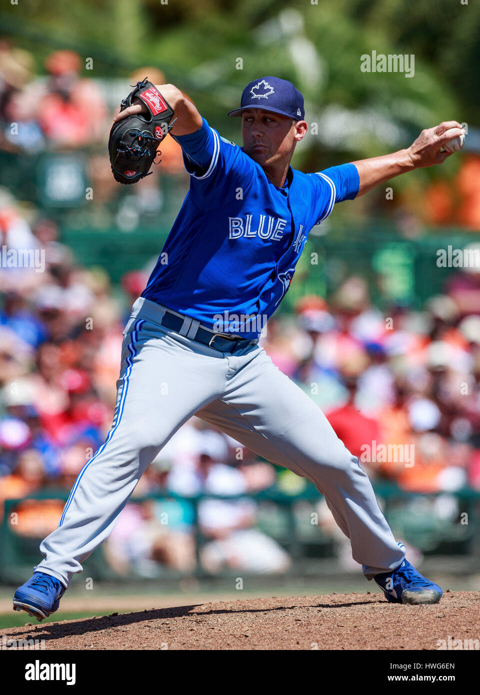 Ed Smith Stadium. 21st Mar, 2017. Florida, USA-Toronto Blue Jays relief pitcher Jeff Beliveau (36) relieves Baltimore Orioles starting pitcher Logan Verrett (41) in the 4th inning in a spring training game at Ed Smith Stadium. Del Mecum/CSM/Alamy Live News Stock Photo