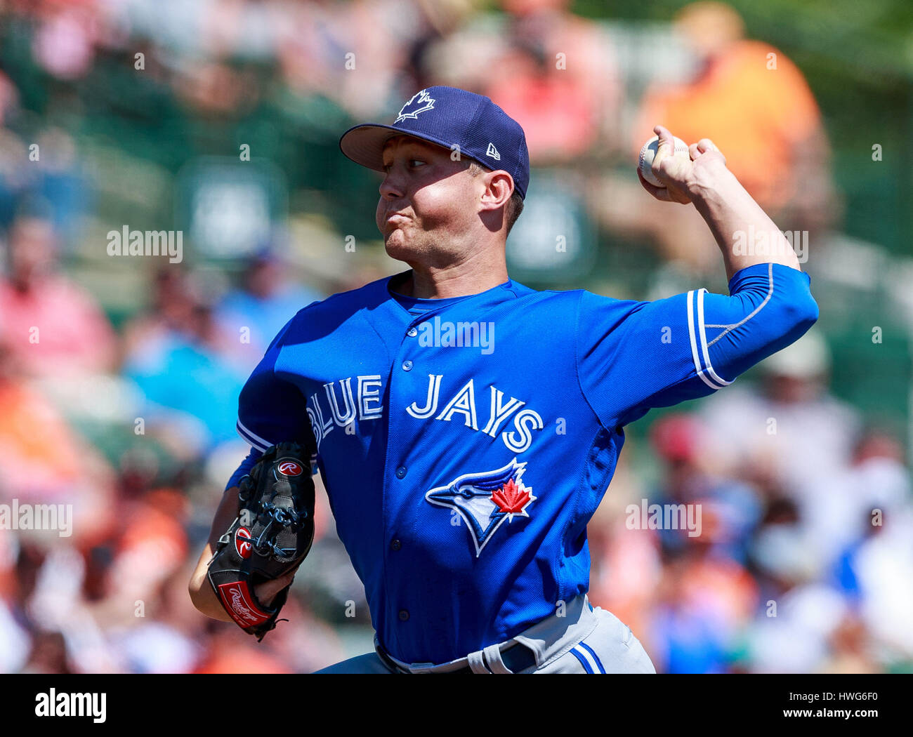 Ed Smith Stadium. 21st Mar, 2017. Florida, USA-Toronto Blue Jays relief pitcher Jeff Beliveau (36) relieves Baltimore Orioles starting pitcher Logan Verrett (41) in the 4th inning in a spring training game at Ed Smith Stadium. Del Mecum/CSM/Alamy Live News Stock Photo