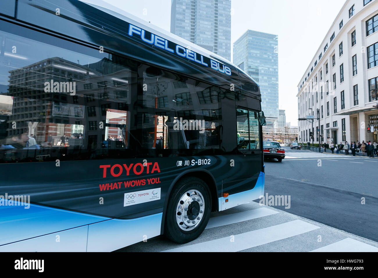A hydrogen fuel cell bus is seen at Tokyo Station on March 22, 2017, Tokyo, Japan. From March 21