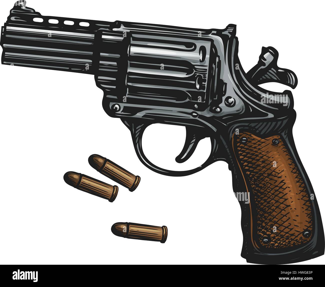 Pistol, revolver gun and ammo, sketch. Vintage vector illustration Stock Vector