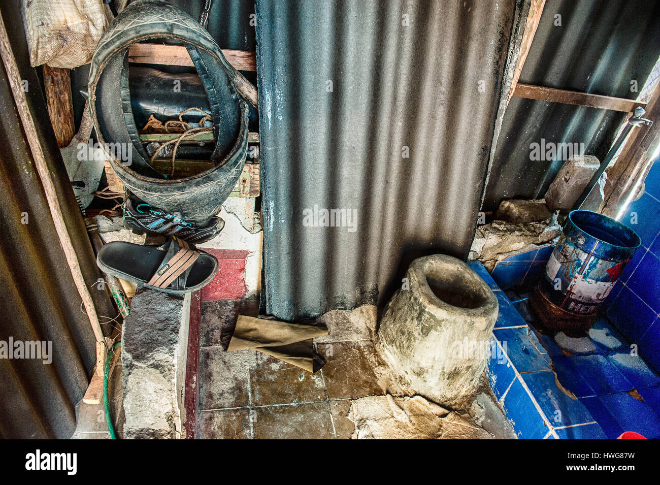 A bathroom of an house damaged by the fury of the hurricane Matthew over Baracoa, Cuba Stock Photo