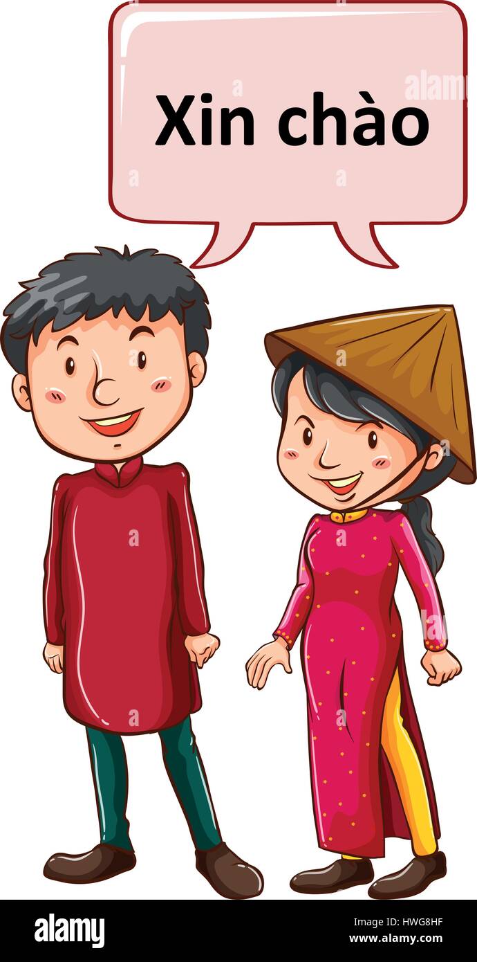Vietnamese man and woman saying hello illustration Stock Vector Image