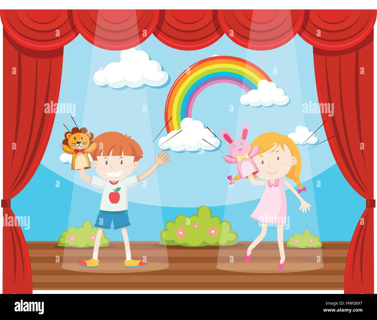 Children perform puppet show on stage Royalty Free Vector