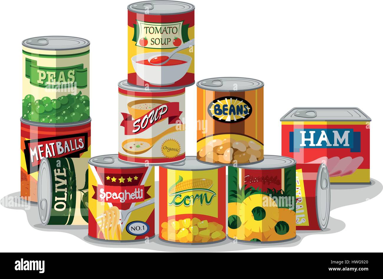 Different types of canned food illustration Stock Vector