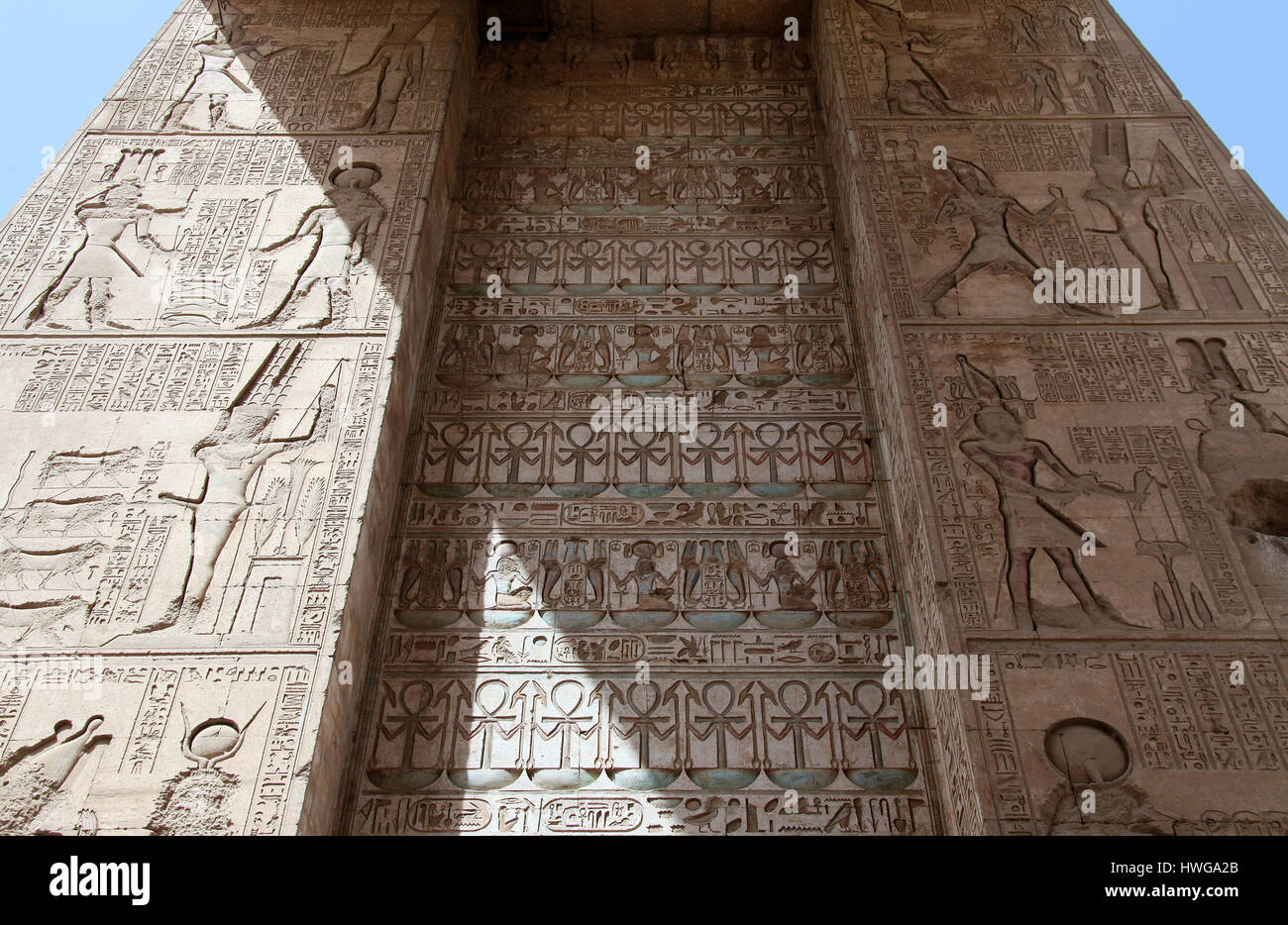 Painted hieroglyphs on the southern gateway into the Temple of Karnak Stock Photo