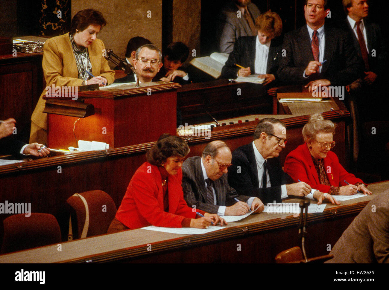 Clerks of the House of Representatives count and record the roll call vote that was taken to elect Congressman Jim Wright of Texas  to serve as Speaker Of The House as part of the opening day ceremonies of the 101st congress. Washington DC., January 3, 1989.  Photo by Mark Reinstein Stock Photo
