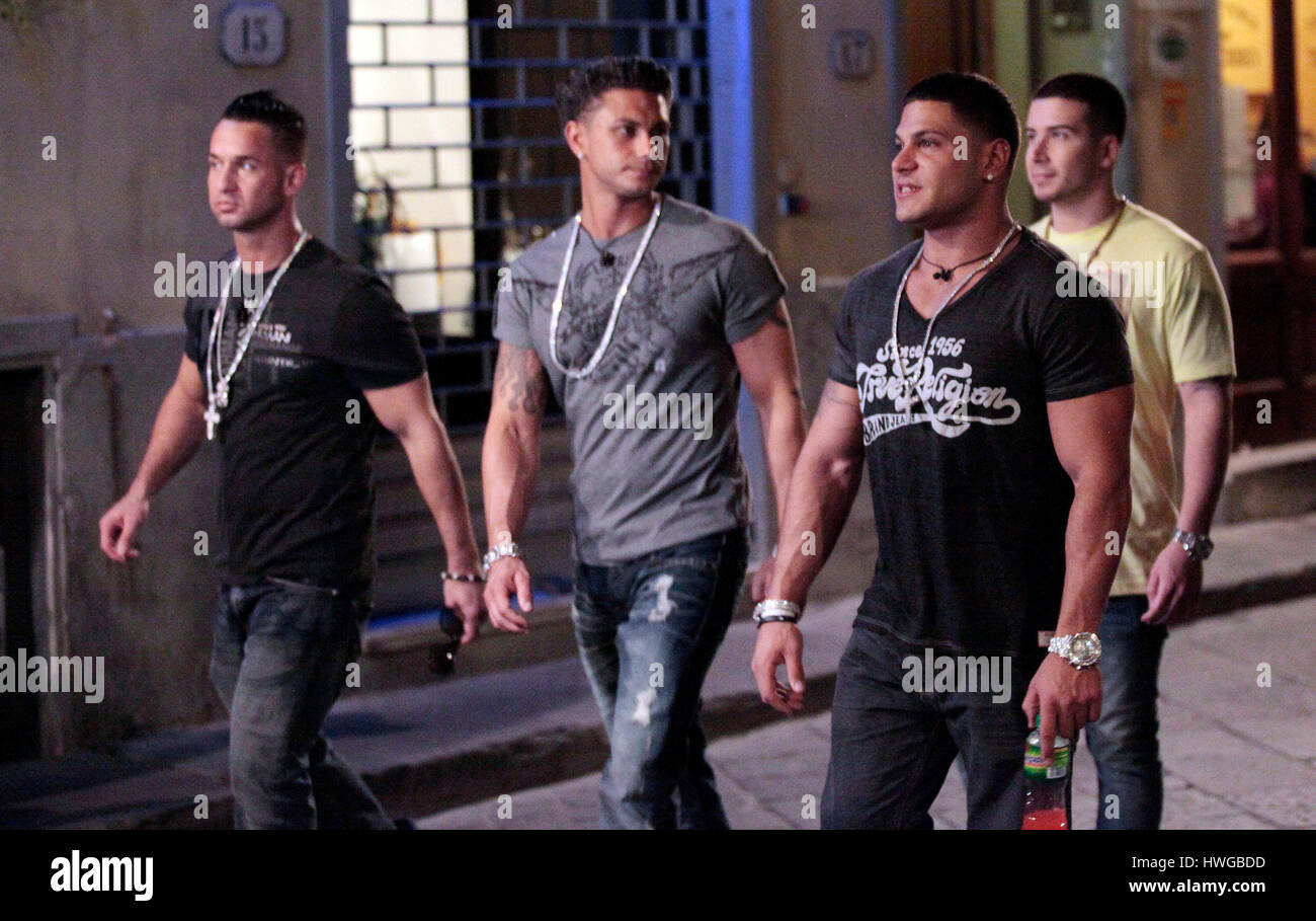 Mike 'The Situation' Sorrentino, DJ Pauly D, Ronnie Ortiz-Magro, and Vinny Guadagnino walk around Florence for the fourth season of MTV's 'Jersey Shore' in Florence, Italy,  on May 14, 2011. Photo by Francis Specker Stock Photo